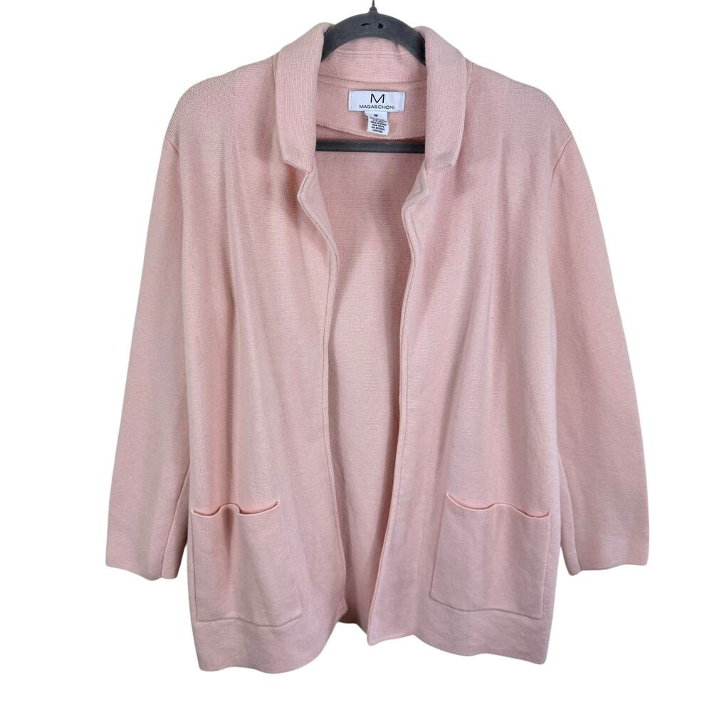 Magaschoni Pink Cotton Wool Collared Knit Open Sweater Blazer Pockets Size M